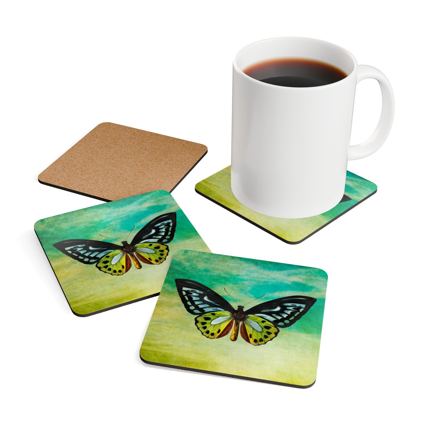Green Birdwing Butterfly corkwood coaster set